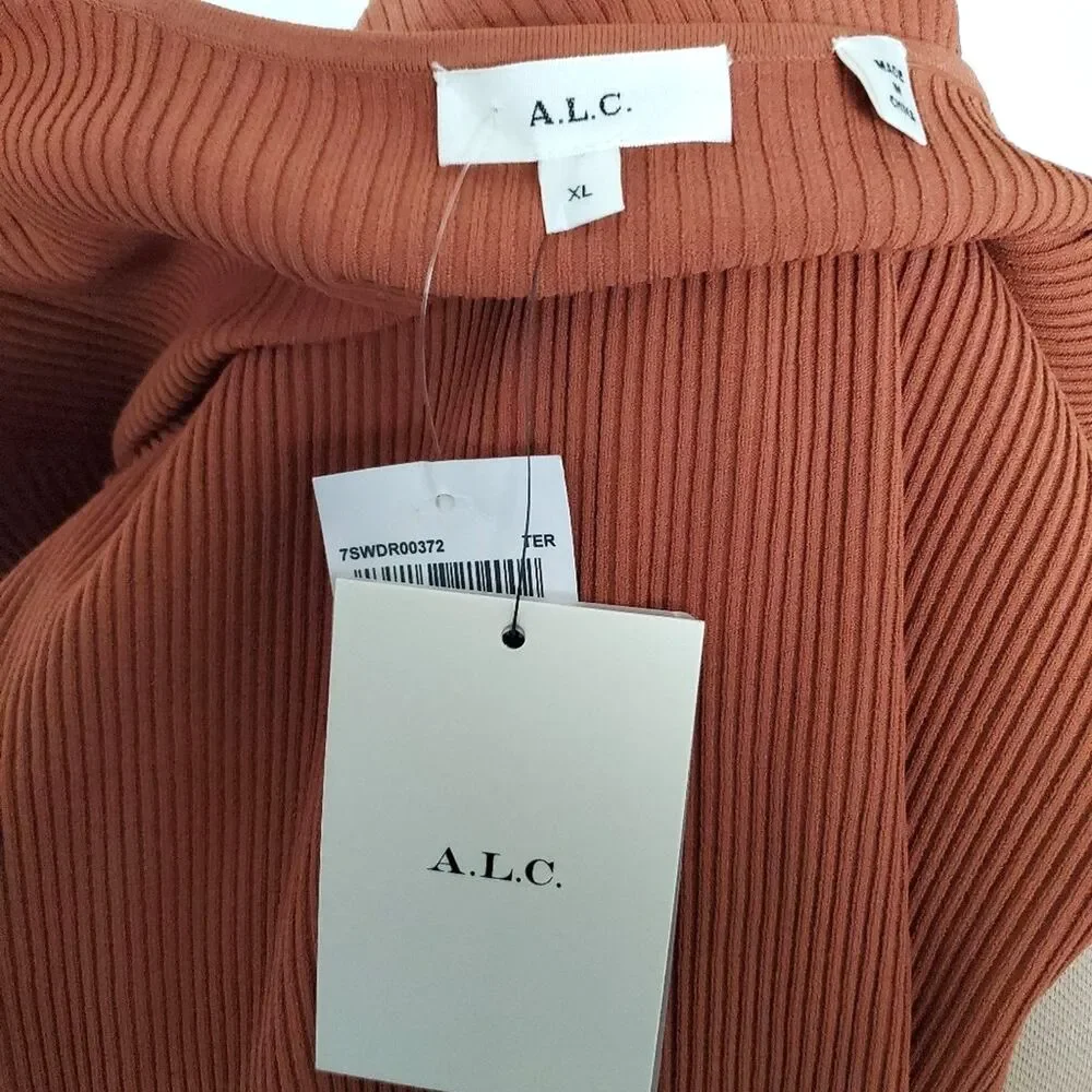 A.L.C. Women's Midi Dress XL Orange Ribbed Knit V-Neck Long Sleeve ALC NEW - Picture 7 of 7